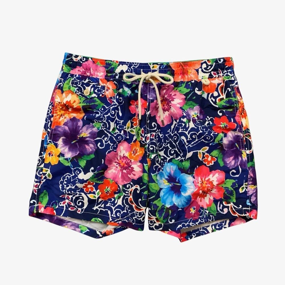 Polo Ralph Lauren Swim Shorts Mens Medium Blue Floral 6 Inch Linerless *READ